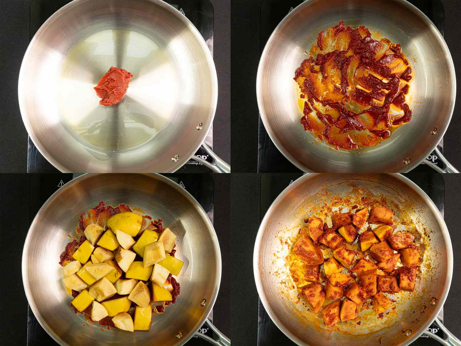 Stepbystep preparation of khoreshebeh in a pan including cooking tomato paste adding ingredients and mixing