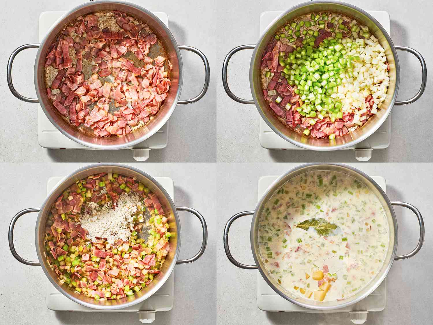 A four-image collage. The top left image shows pork beginning to brown and crisp inside of a stainless steel pot. The top right image shows chopped onions and celery added to the pork inside of the pot. The bottom left image shows flour added to the pot, showing off softened (but not browned) onions. The bottom right image shows clam juice and milk stirred into the contents of the pot, with potatoes and a bay leaf added.