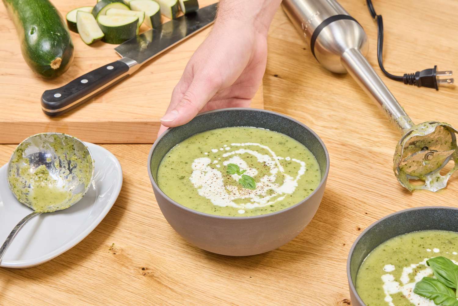 A bowl of soup made using the All-Clad Stainless Steel Immersion Blender