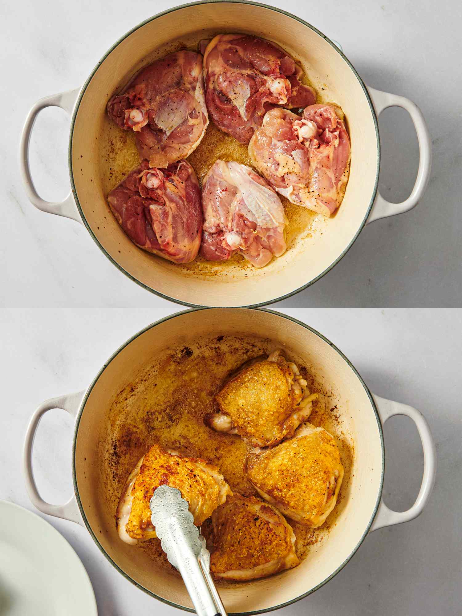 Two stages of cooking chicken thighs in a pot raw meat browning transitioning to golden skin being flipped with tongs