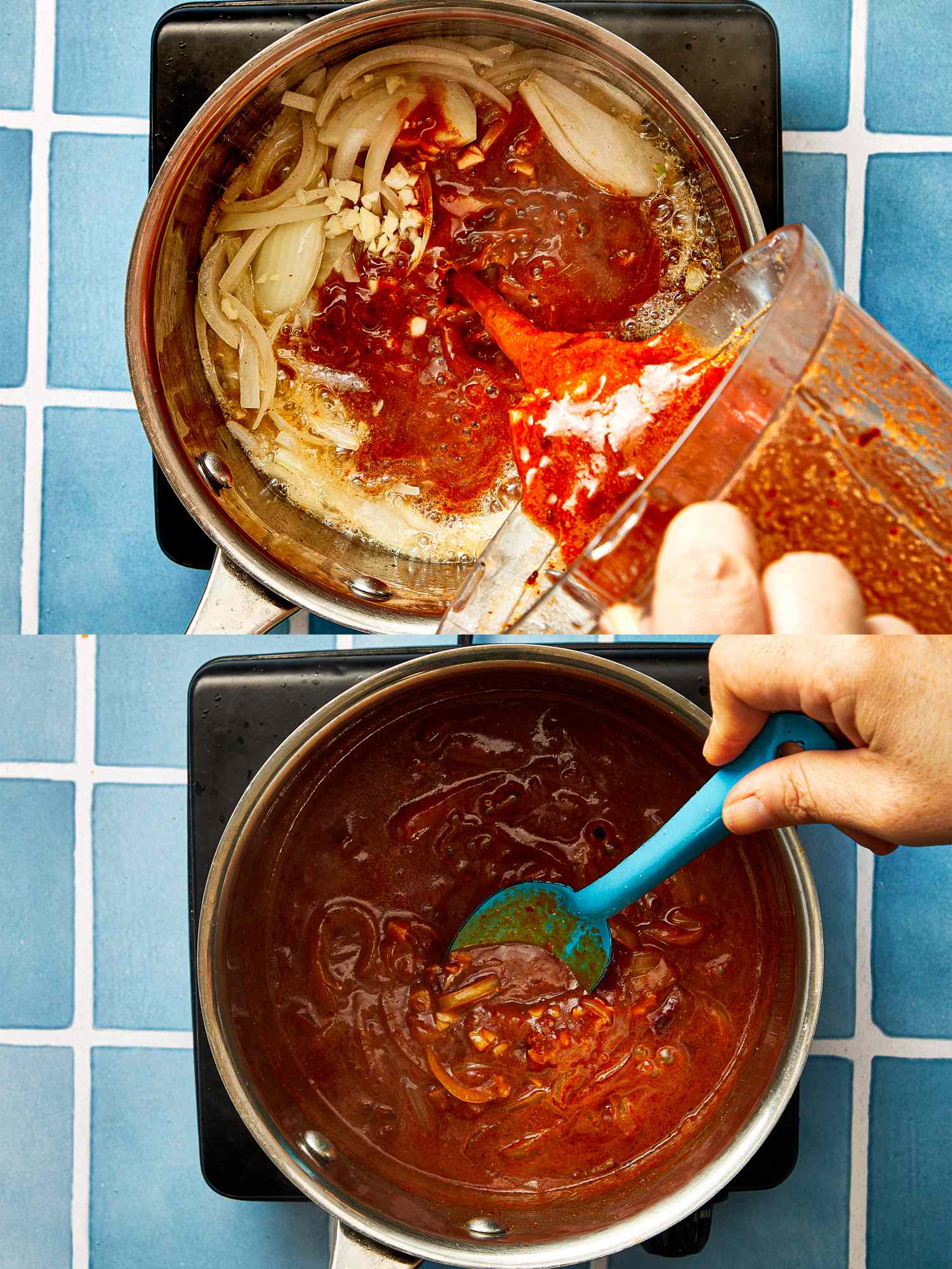 Cooking steps for a sauce in a saucepan showing ingredients being added and stirred on a stovetop