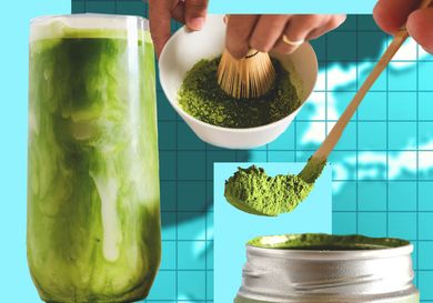 Preparation and serving of matcha tea showcasing powdered matcha a whisk and a glass of prepared tea