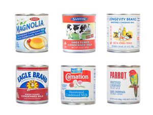 Six assorted cans of sweetened condensed milk. 