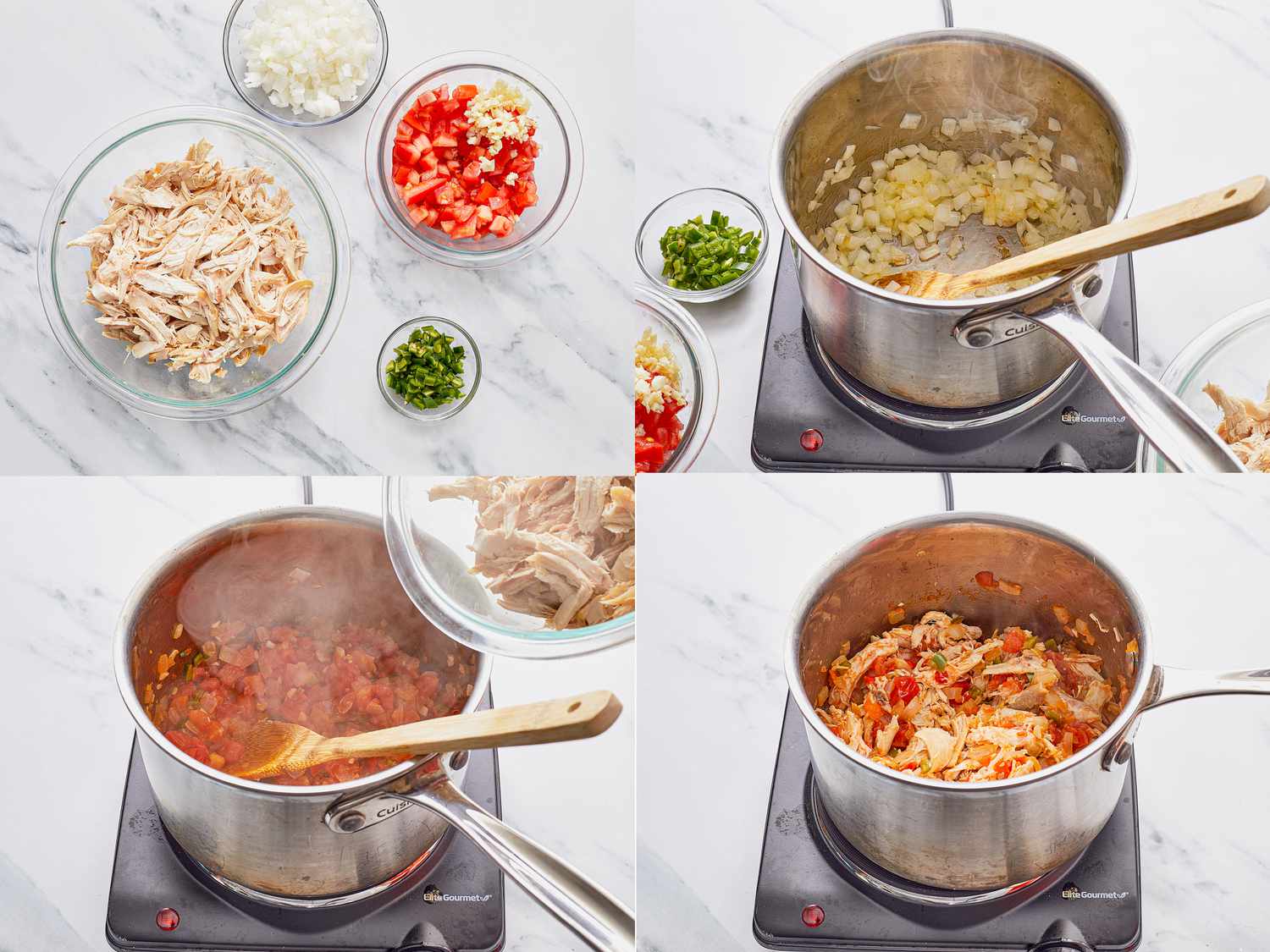 Four image collage of ingredients and cooking chicken filling
