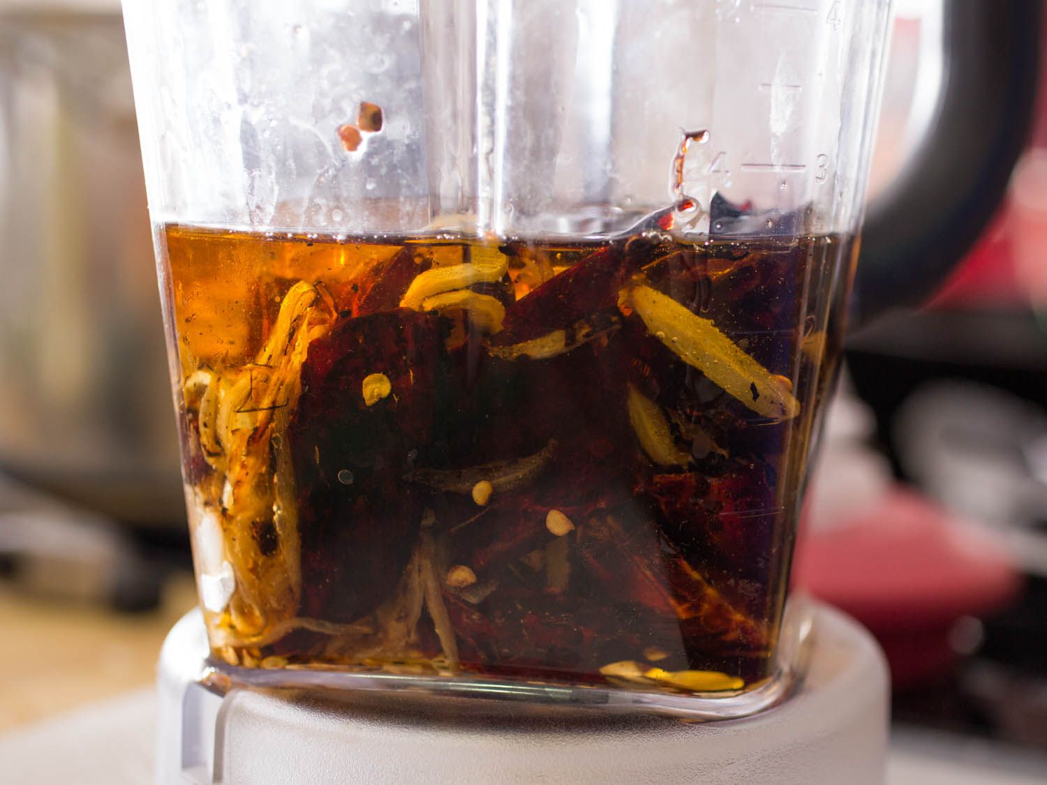 Chile oil ingredients in a blender