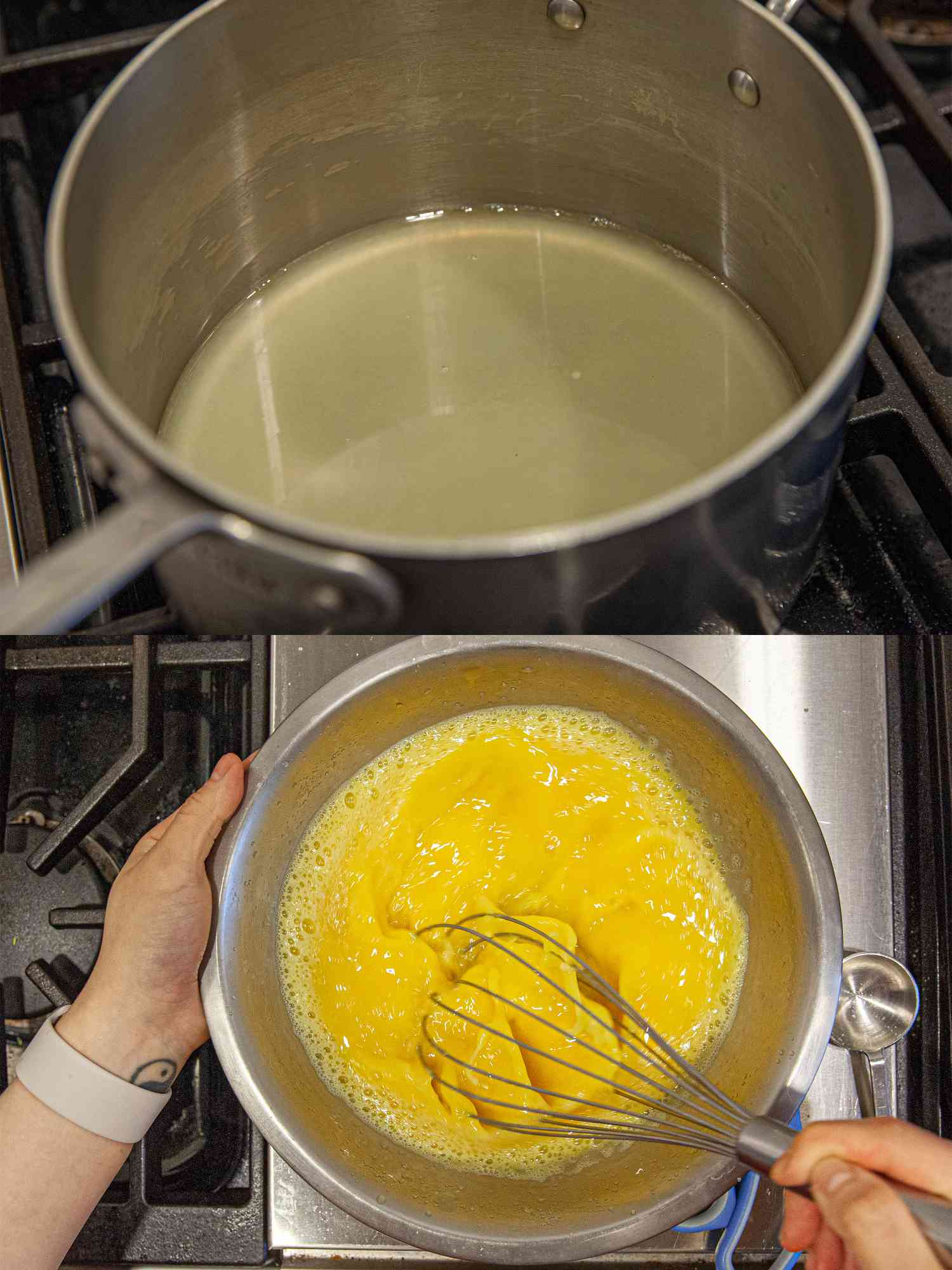 Two image collage of lemon boiling and eggs being whipped
