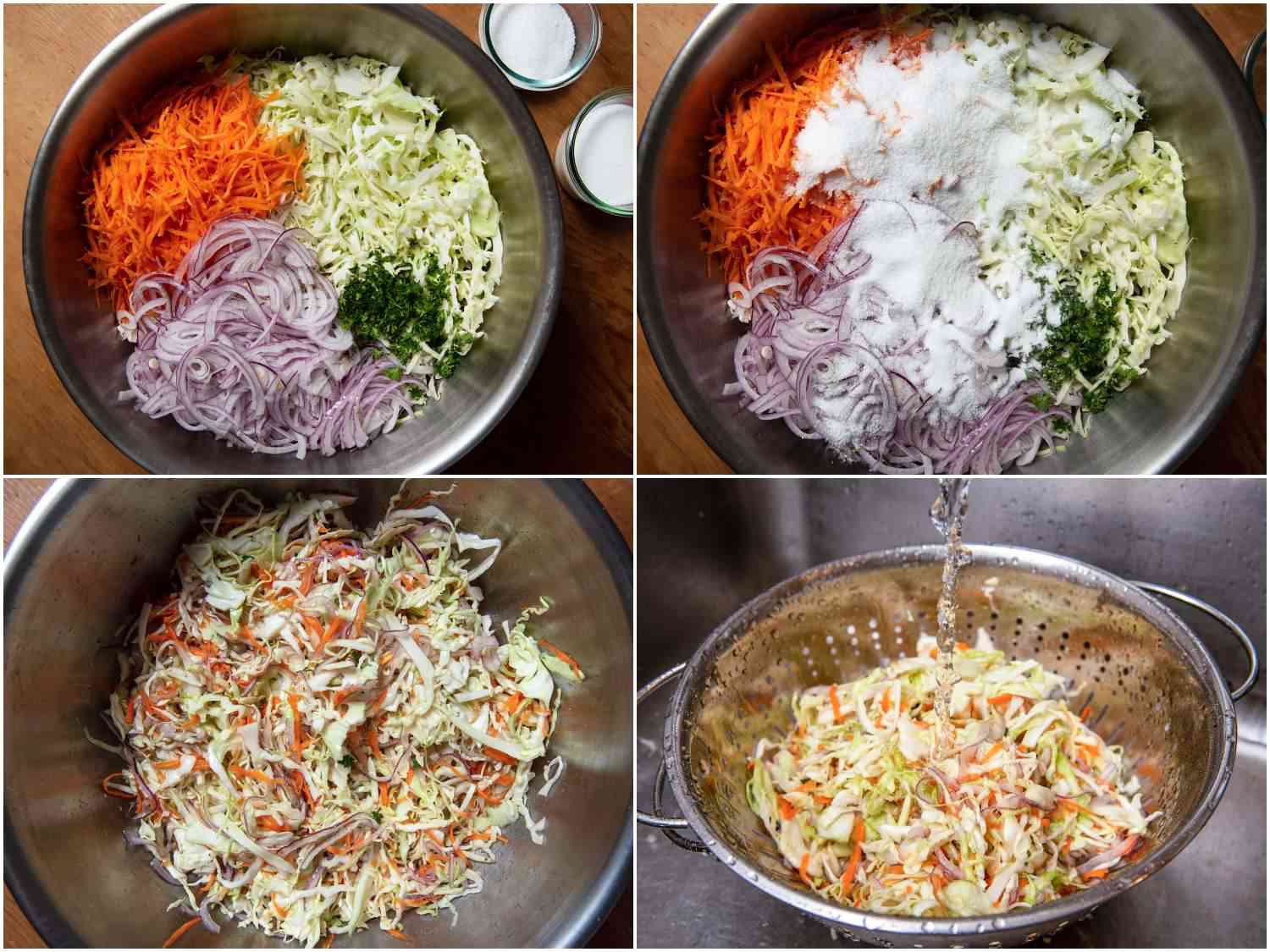 A collage of making coleslaw: purging the cabbage, carrot, red onion, and parsley with salt and sugar to remove excess moisture and rinsing them under running water 
