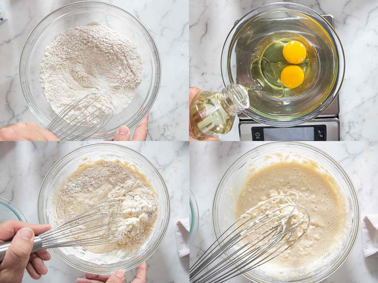 Four image collage of making pancake batter