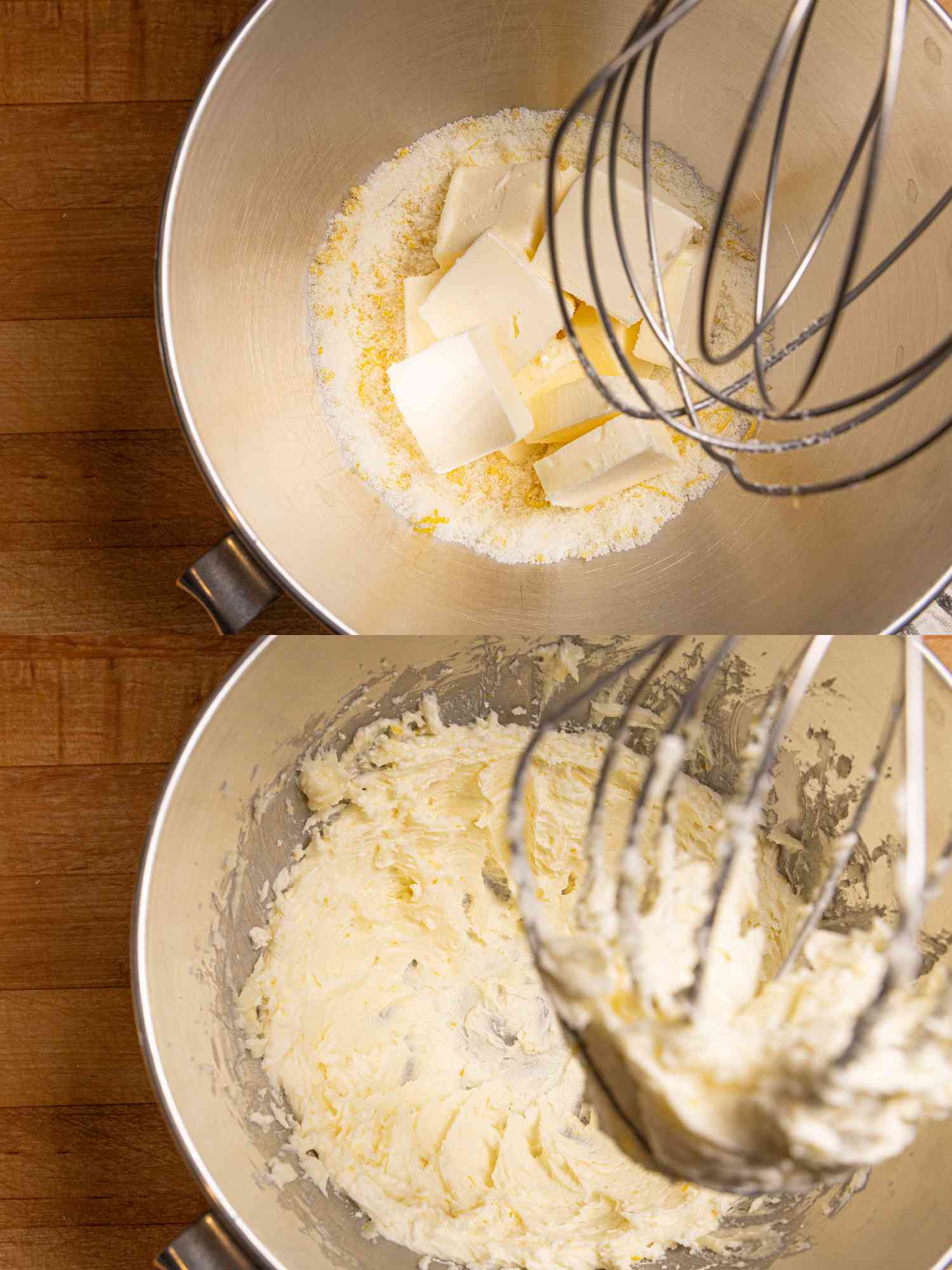 2 image collage. Top: butter added into dry ingredients in stand mixer. Bottom: mixed ingredients in stand mixer 