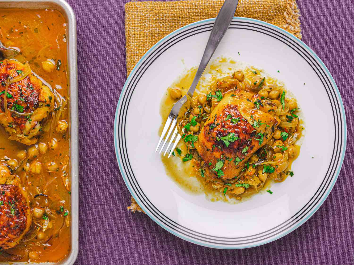 Overhead view of Sheet Pan Harrissa and Orange Chicken with Chickpea