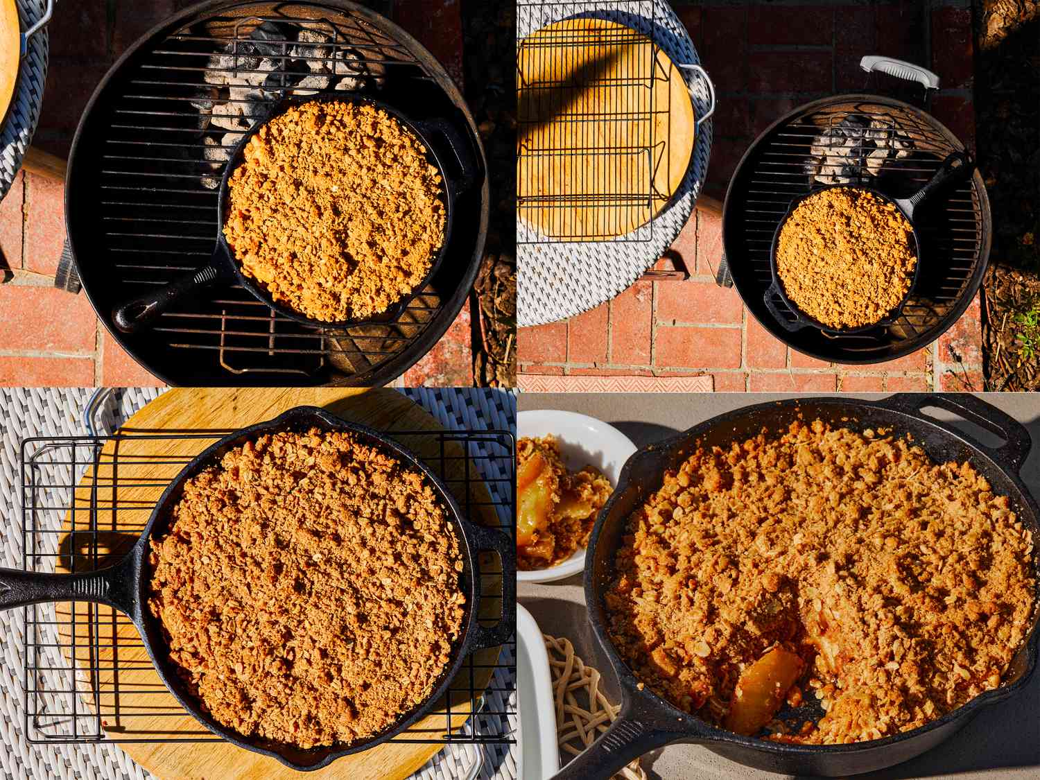 Four image collage of apple crisp being baked on a grill
