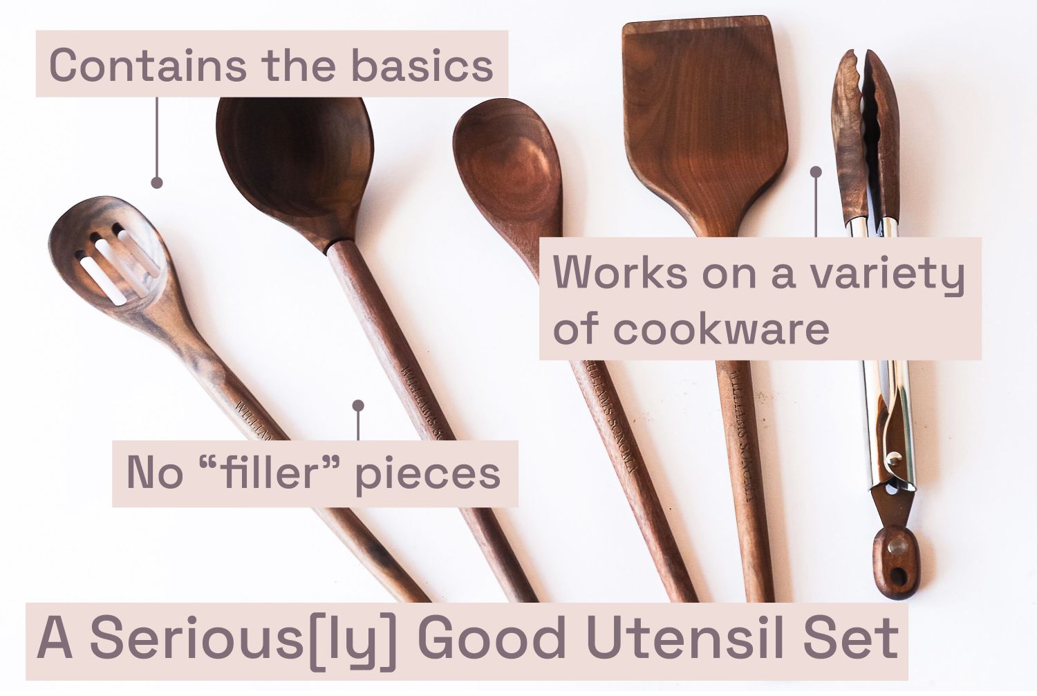 A set of wooden kitchen utensils on a white background with text over it identifying what makes a good purchase