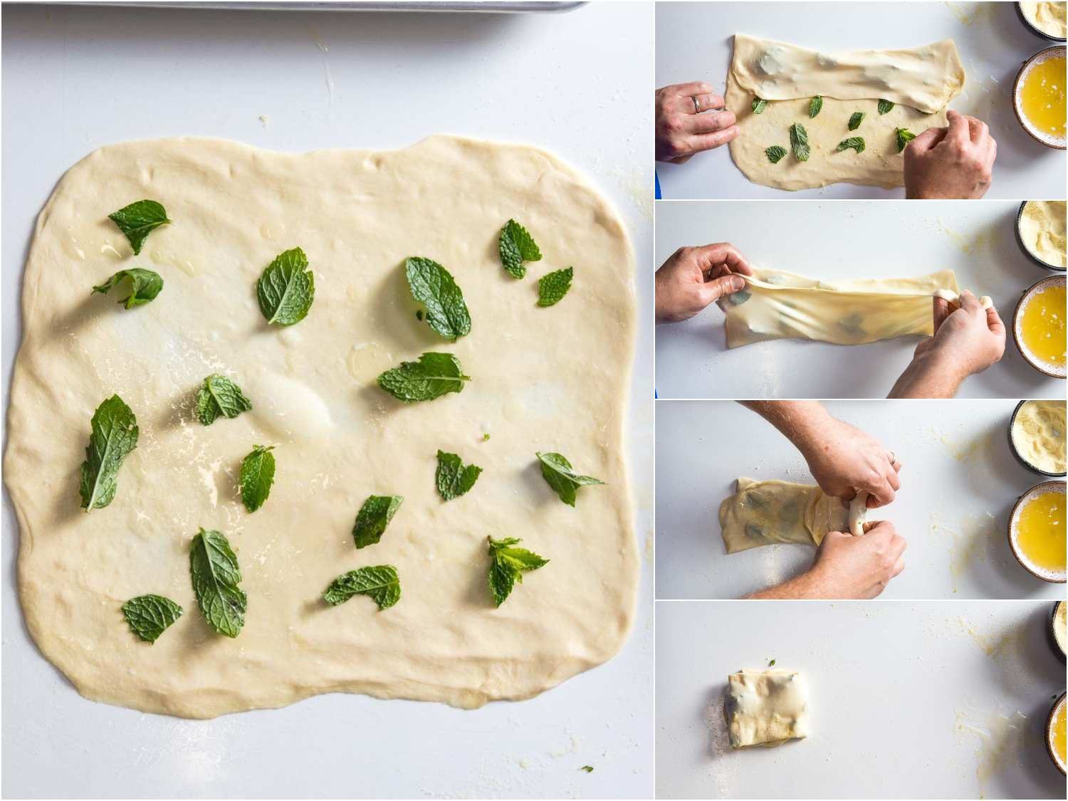 Filling dough for mint m'smen with mint leaves and folding it into thirds. 