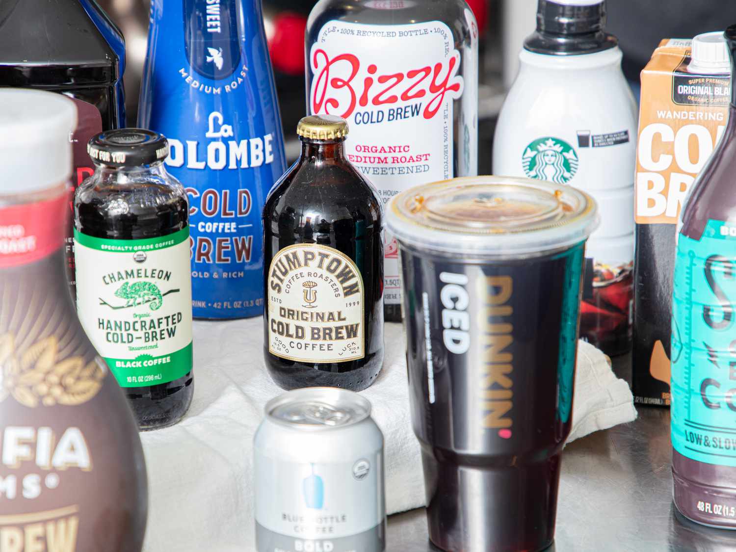 Variety of cold brew coffee products displayed on a table