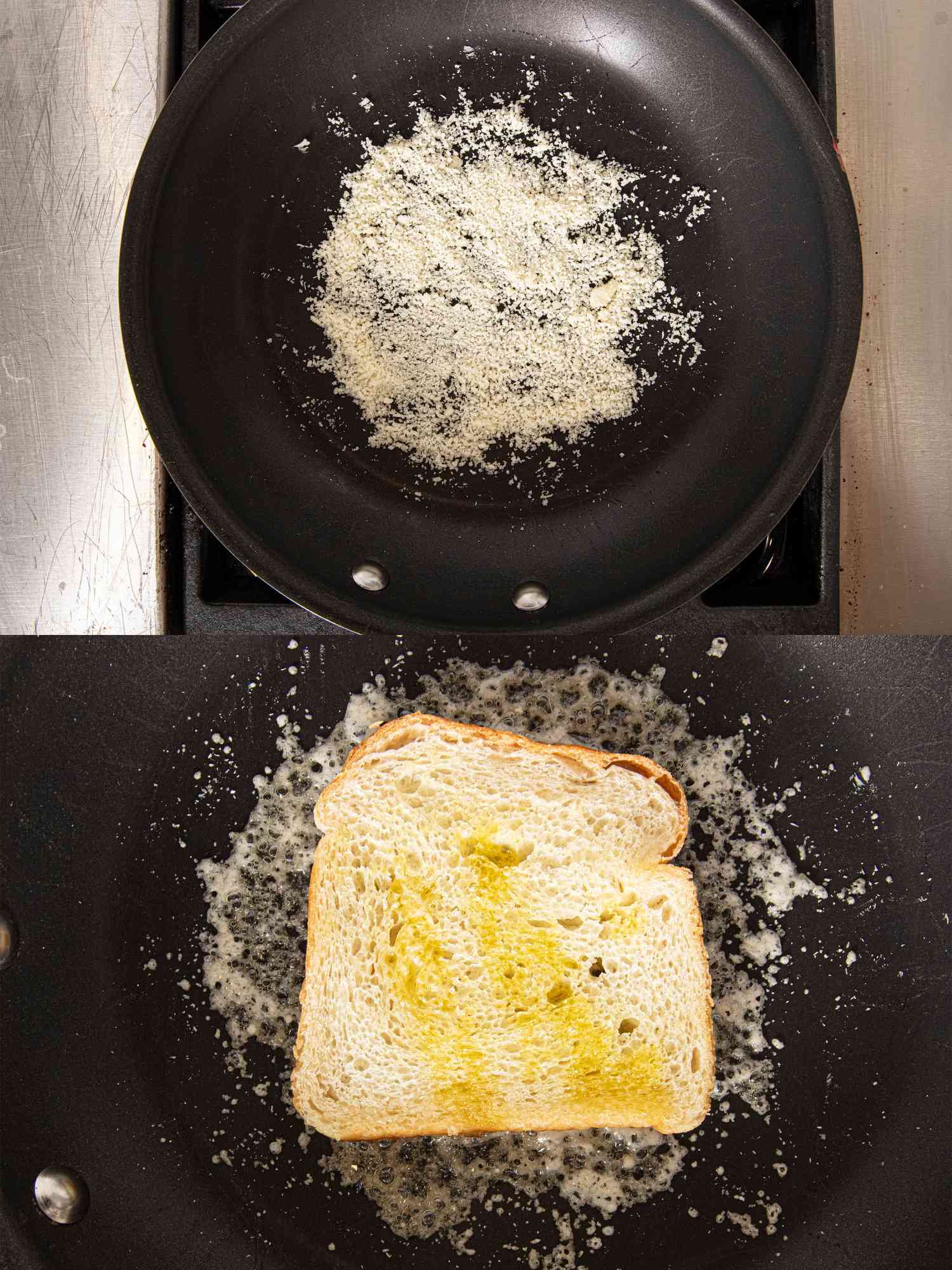 A piece of sandwich bread sitting on a round of grated Parm in a nonstick skillet