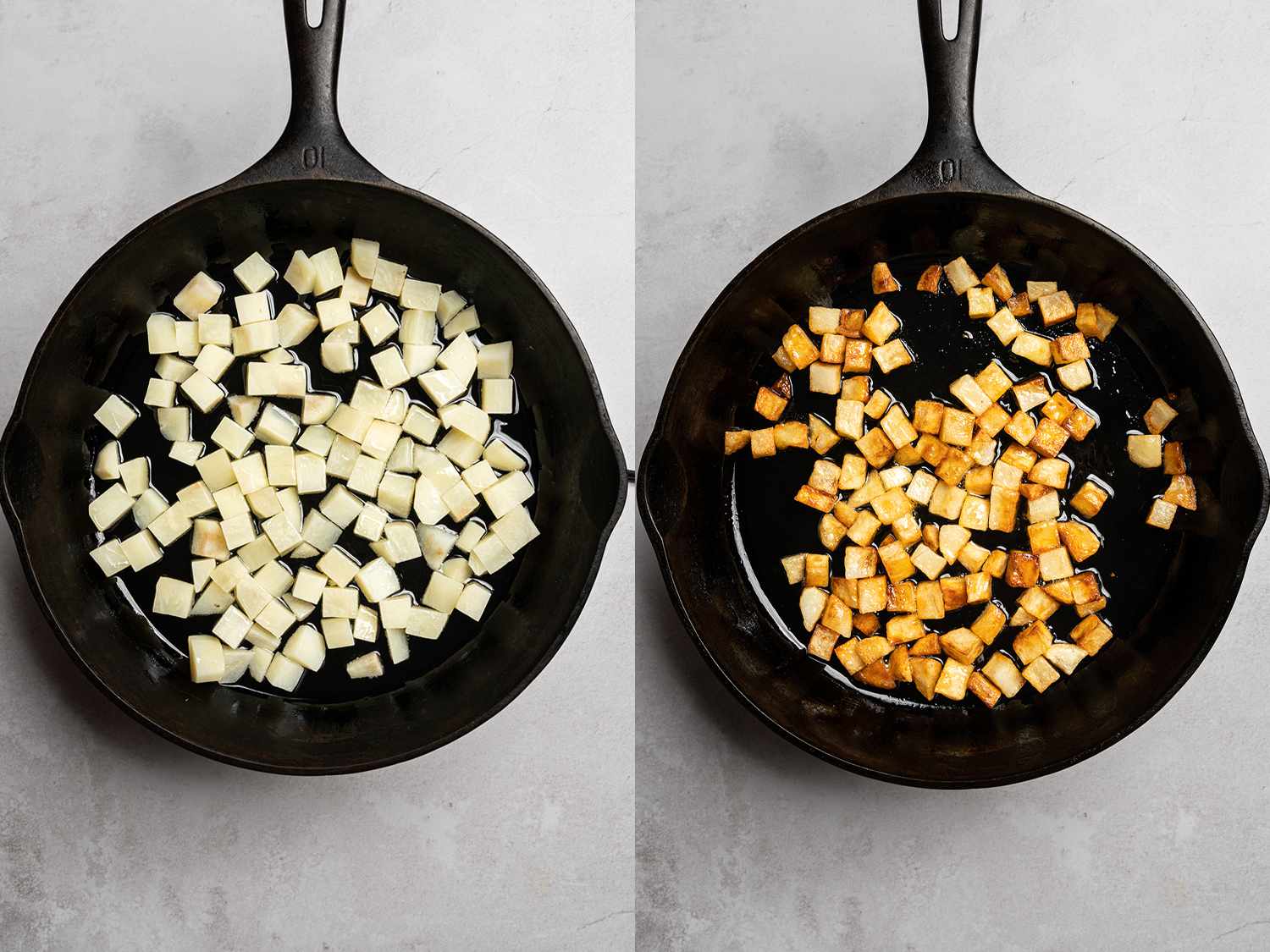 Potatoes cooking in a cast iron pan