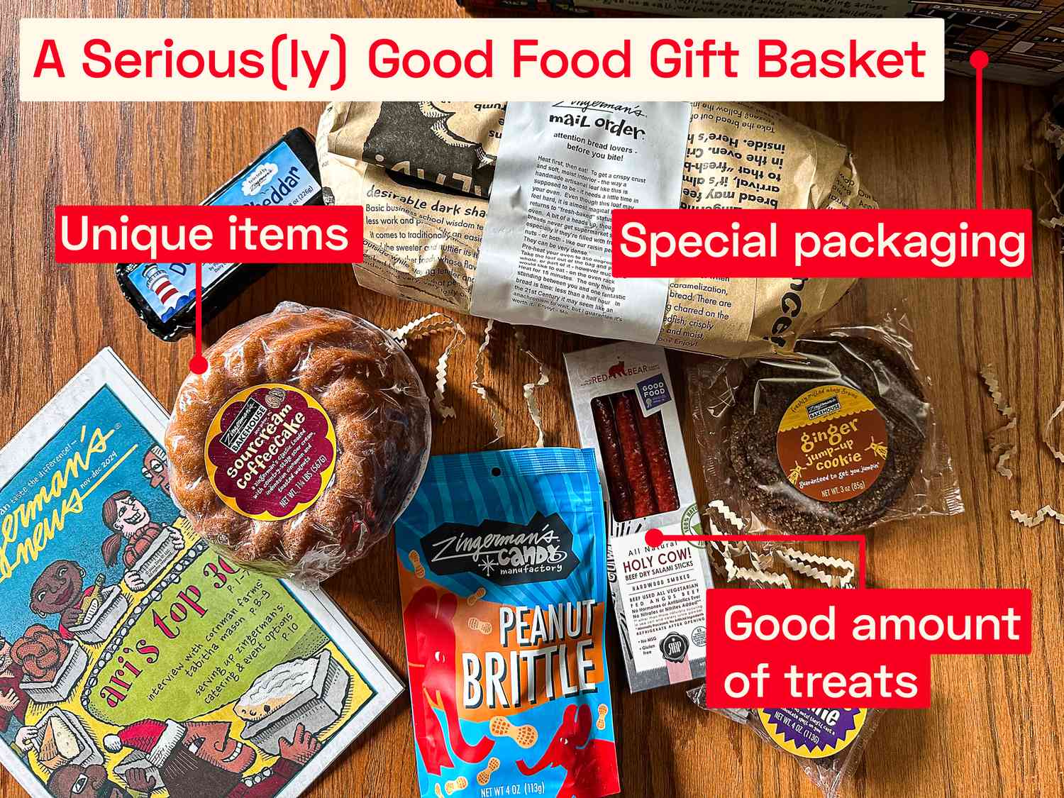 the zingerman's gift basket's contents on a wooden countertop