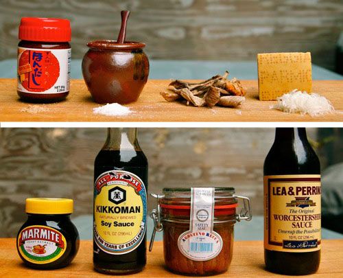 Collage of common sources of glutamates: Hondashi, MSG, dried porcini mushrooms, Parmigiano-Reggiano, marmite, soy sauce, anchovies, Worcestershire sauce.