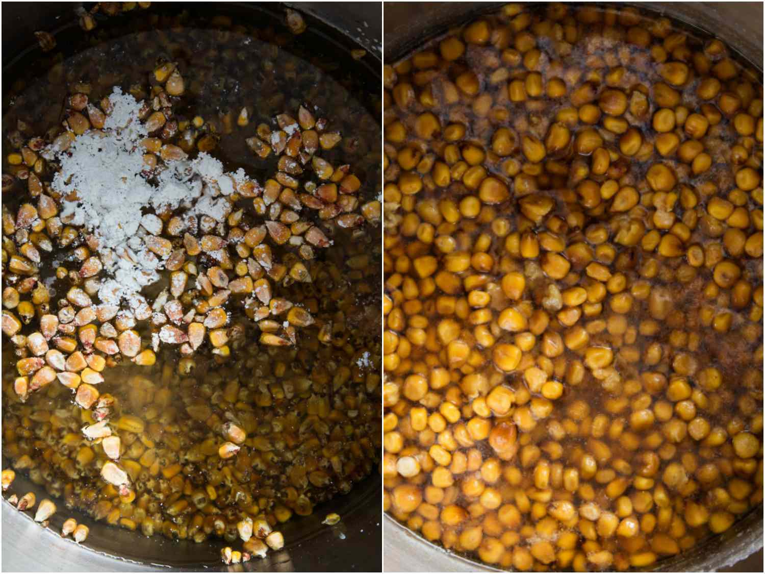 Collage of dried corn kernels tenderizing in a pot for homemade tortillas