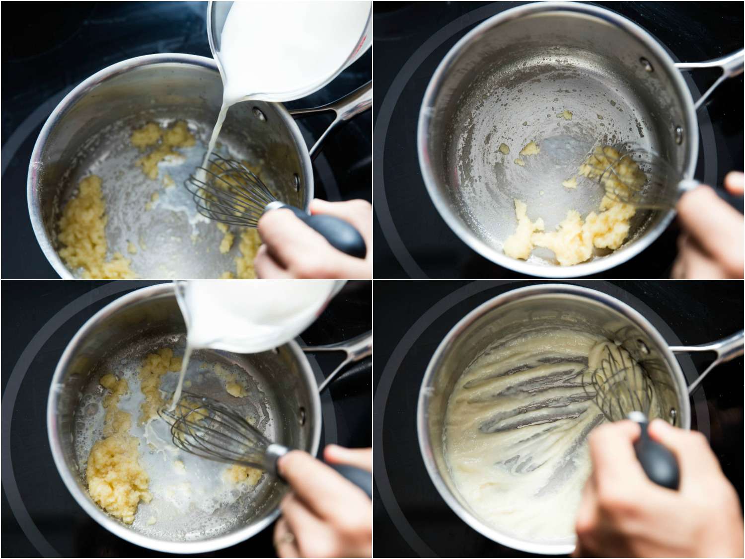 Four images showing the author slowly adding milk and whisking it into the roux. The first three images show how the mixture seizes up, forming clumps that need to be whisked away. In the last image, the addition of milk has been fully incorporated and the mixture once again has a homogenous consistency.