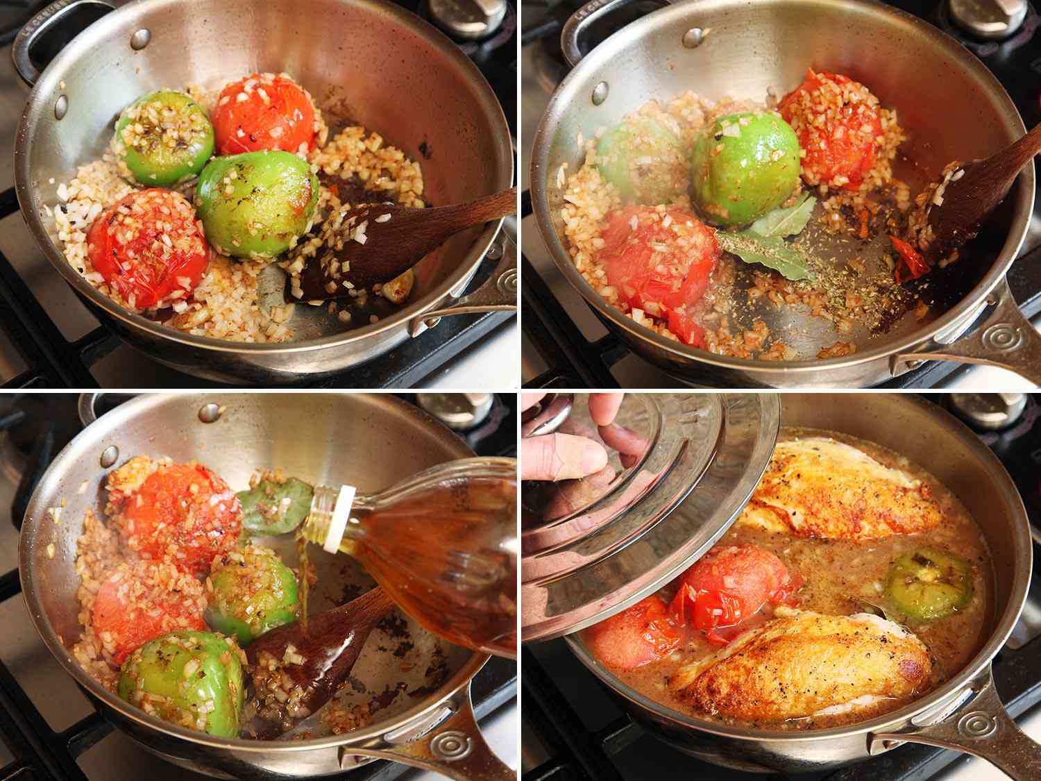 A collage of four photos that shows adding onions to the pan with the tomatoes and tomatillos, adding bay leaves, adding vinegar, and adding cooked chicken breast back to the pan.