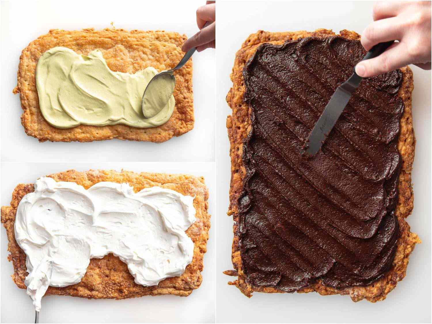 spreading pistachio cream, whipped Greek yogurt, and hazelnut spread over a crispy crust