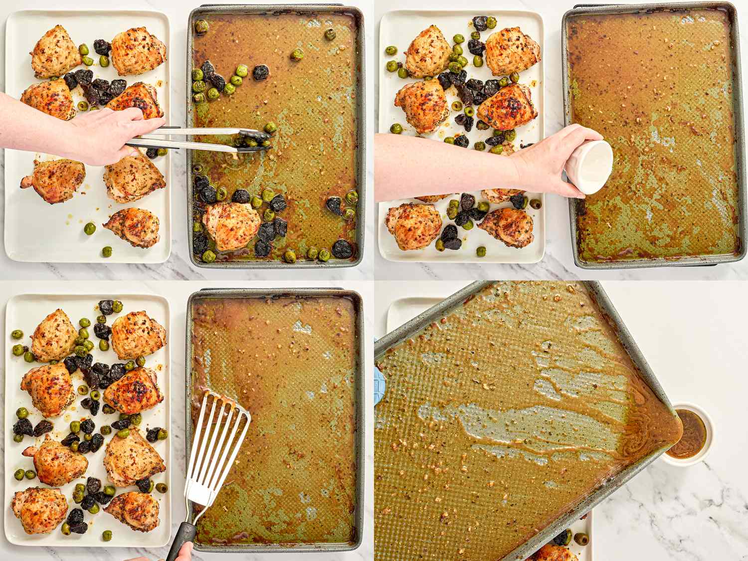 Steps of preparing a sheetpan chicken dish with olives from placing ingredients to final cleaning