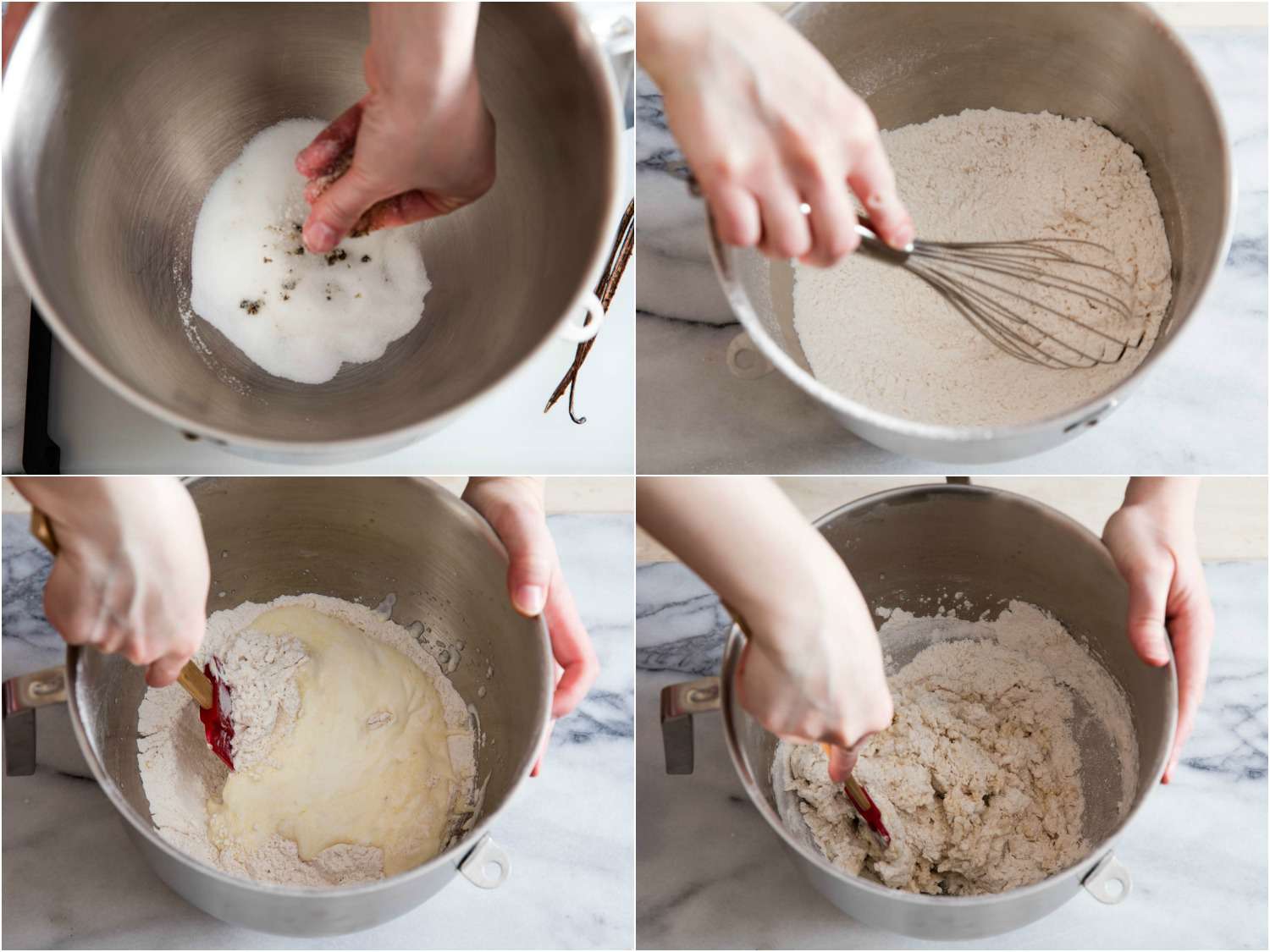 A four-image collage: The top left image shows rubbing sugar and vanilla together in the mixing bowl of a stand mixer. The top right image shows whisking the mixture with flour. The bottom left image shows milk and yogurt added to the mixture and a spatula is combining the wet and dry ingredients. The bottom right image shows the craggy dough. 