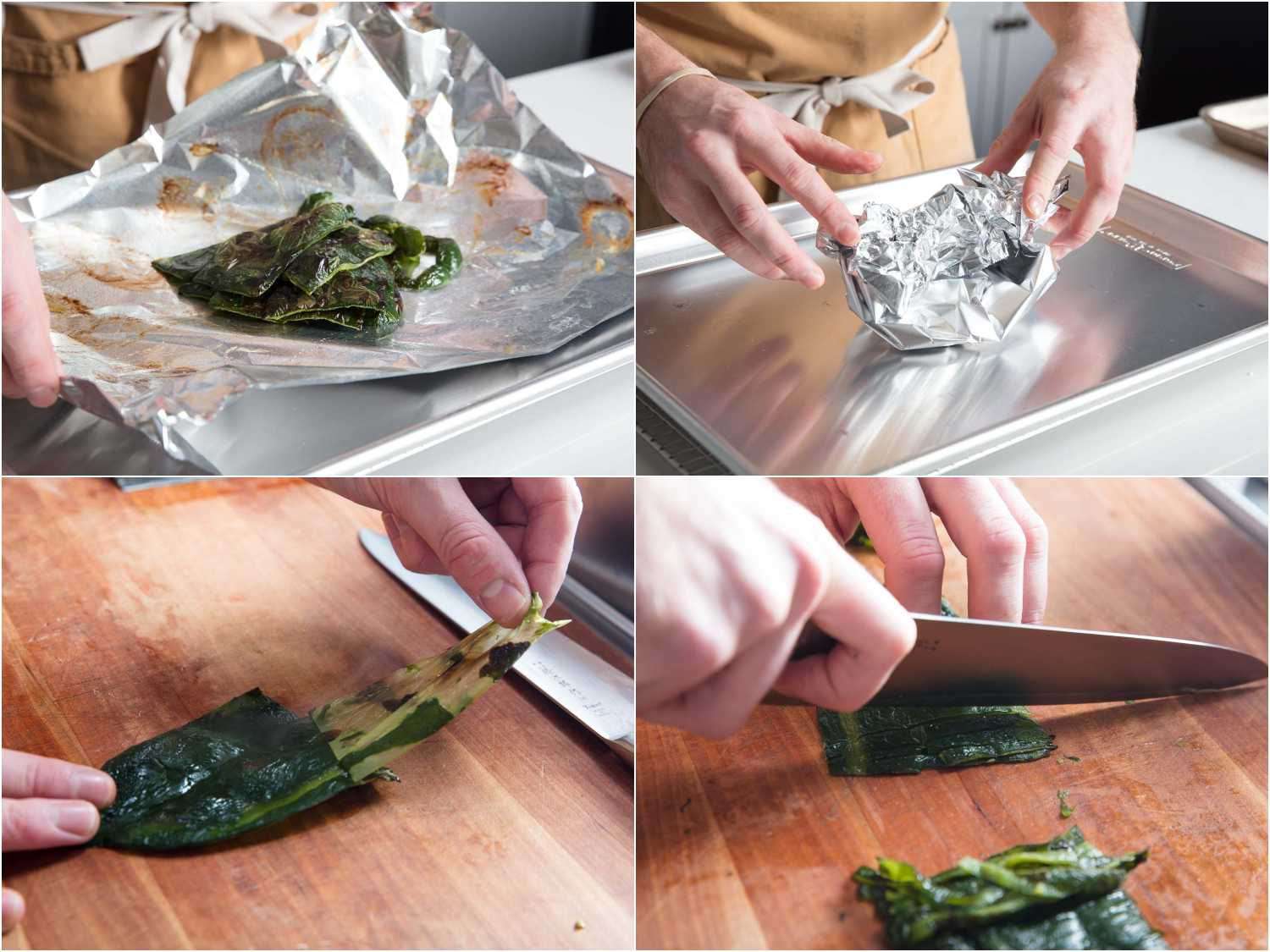 A four-image collage: The top left image shows placing poblanos in aluminum foil pouch. The top right image shows folding the pouch. The bottom left image shows removing the skin of the peppers. The bottom right image shows slicing the peppers into thin slices. 