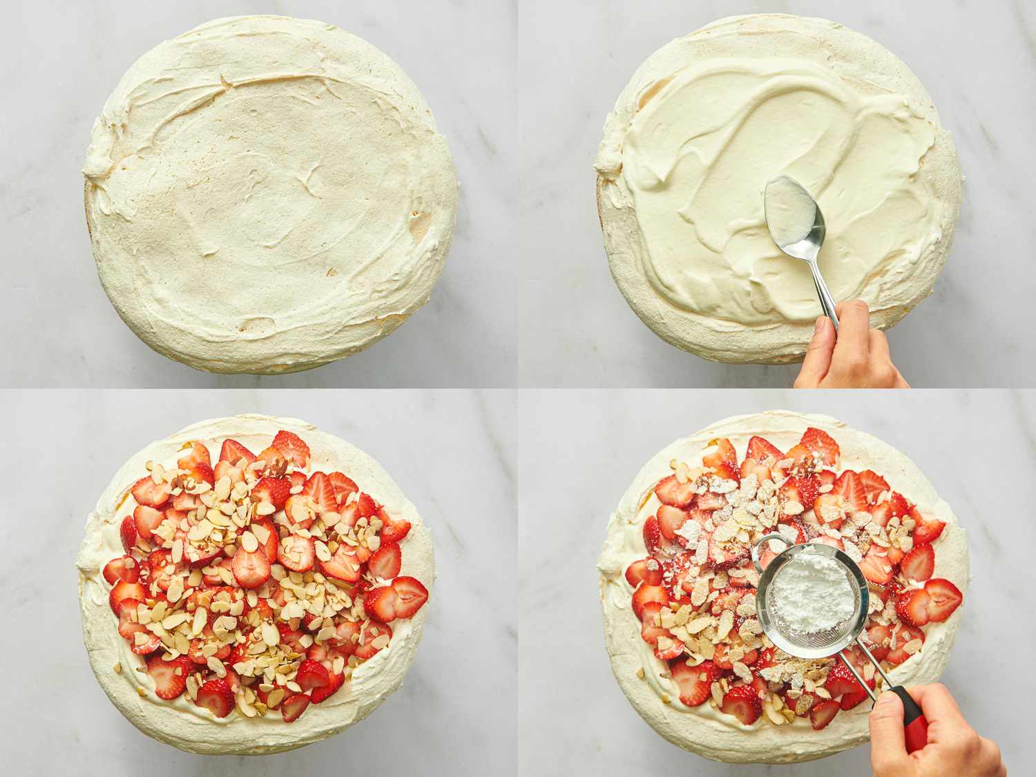 4 image collage. Top left: baked Pavlova on stand. Top Right: spreading topping on pavlova. Bottom left: topping strawberries on pavlova. Bottom Right: dusting with confectioners sugar 