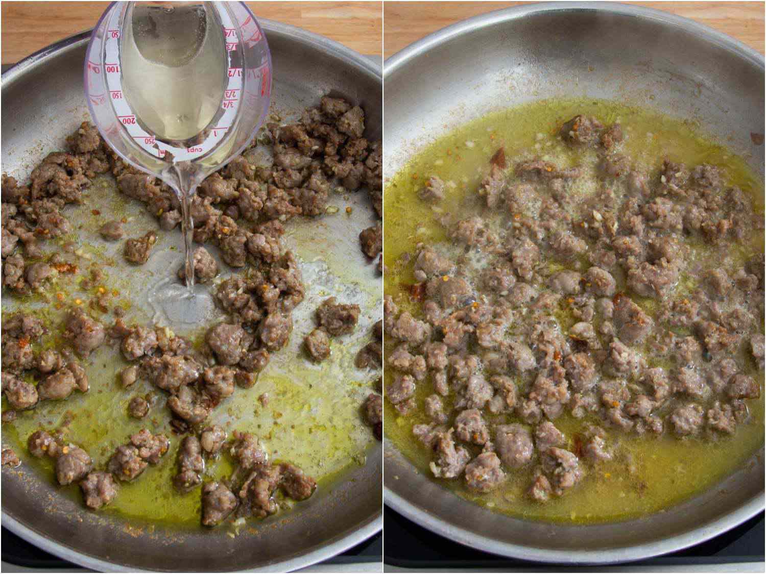 Side by side images showing adding pasta cooking water to a pan of cooked sausage in olive oil and garlic to create an emulsion.
