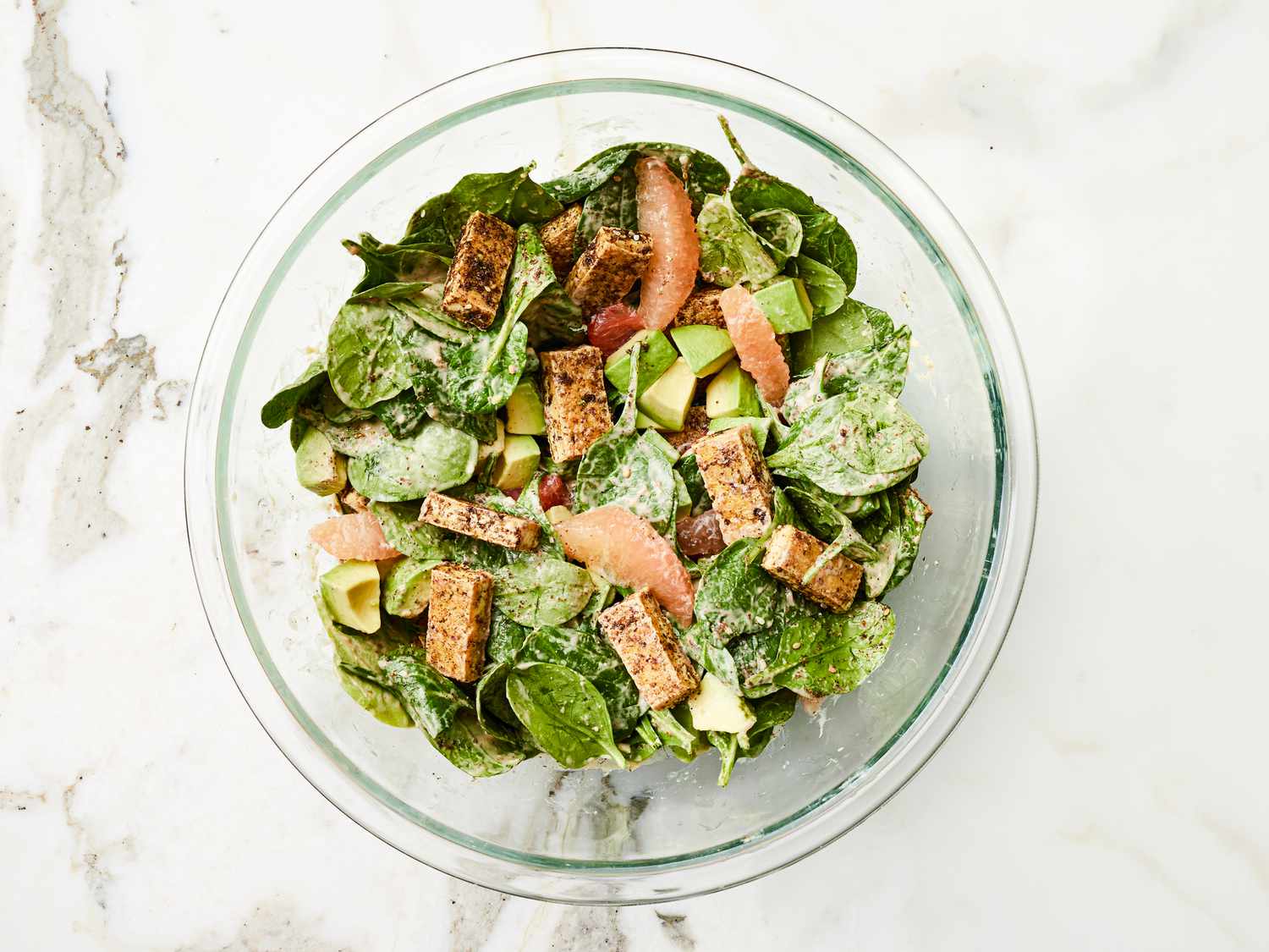 Overhead view of finished salad
