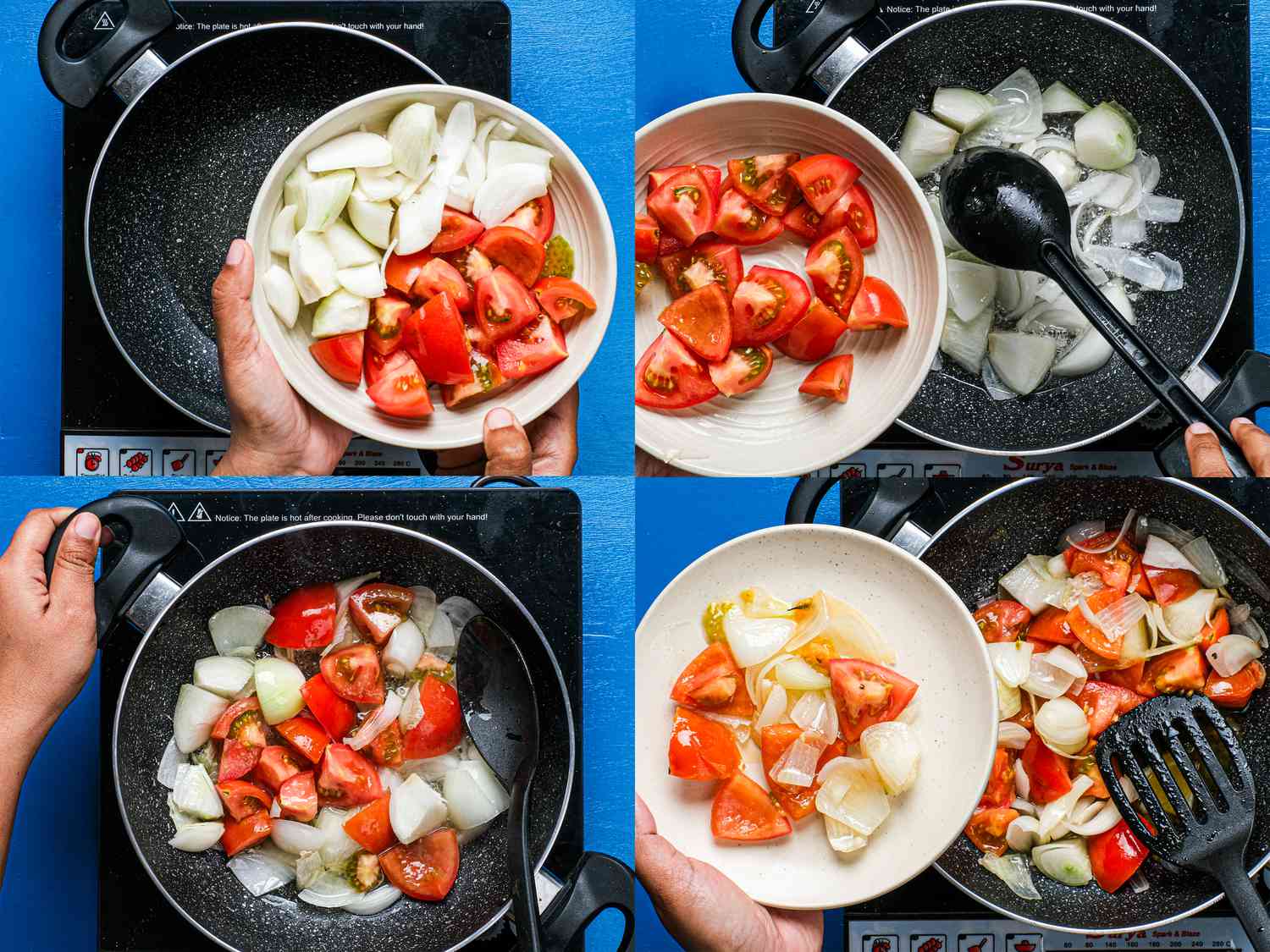 Four image collage of overhead view of adding and cooking tomato and onions