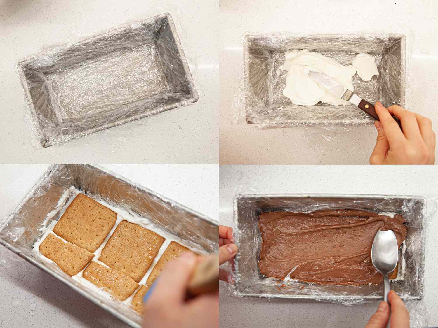 Building a s'mores icebox cake in a loaf pan lined with plastic.