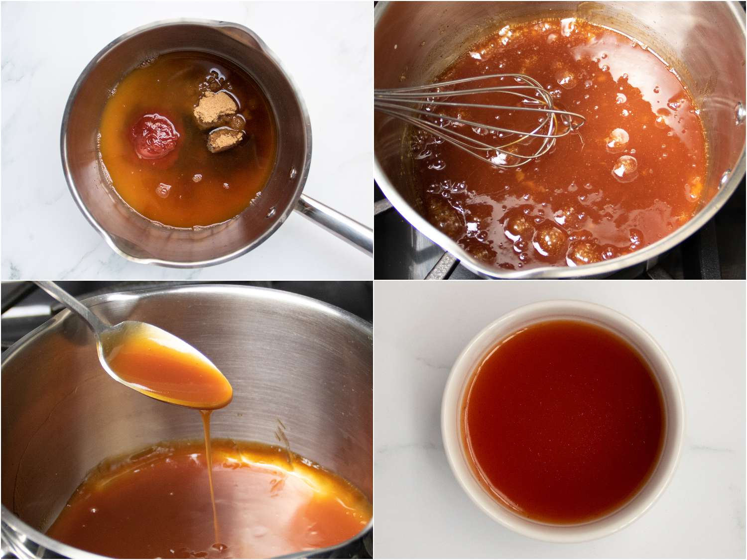 A collage showing the sweet and sour sauce being made.