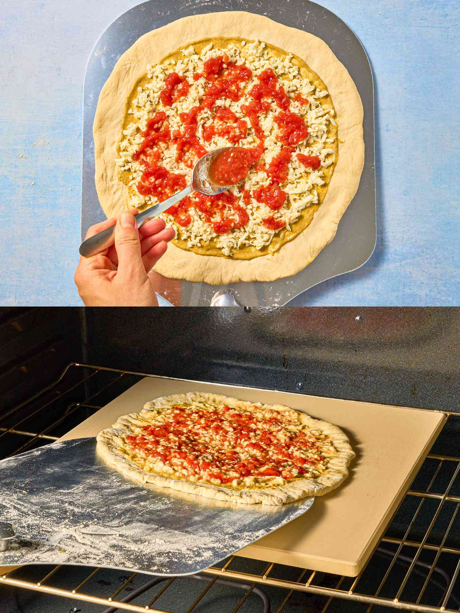 2 image collage. Top: drizzling tomato sauce over pizza. Bottom: sliding pizza onto pizza stone 
