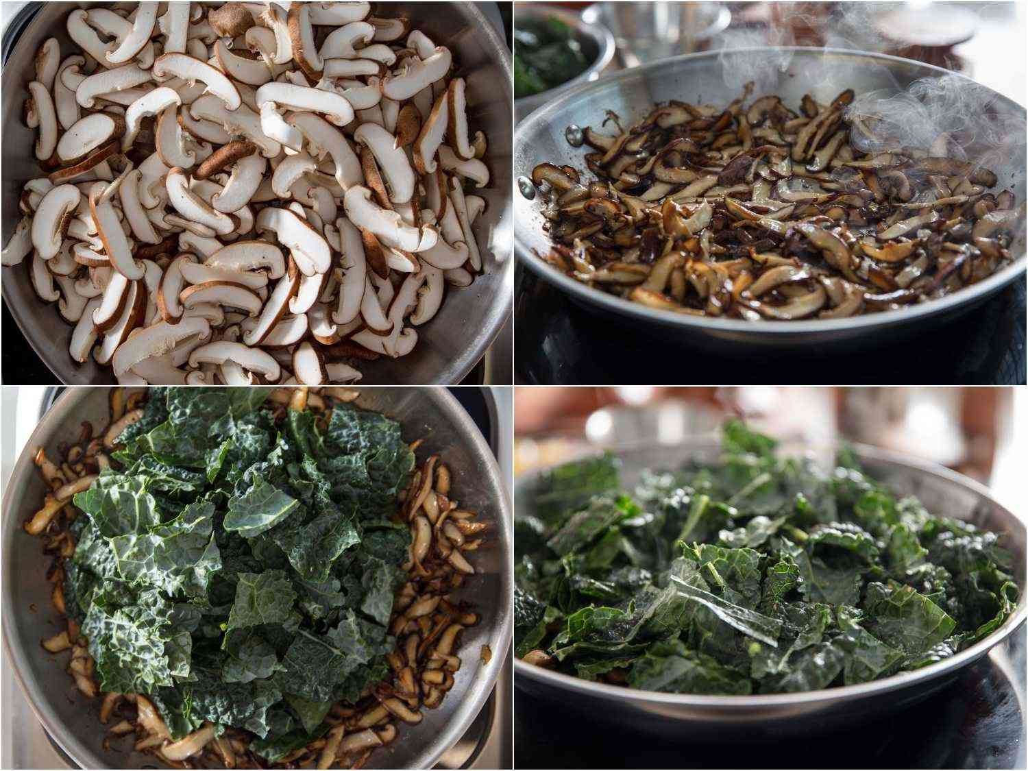 Process shots of browning mushrooms and wilting kale in a skillet.