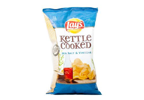 A bag of Lay's Kettle Cooked Sea Salt and Vinegar potato chips. 