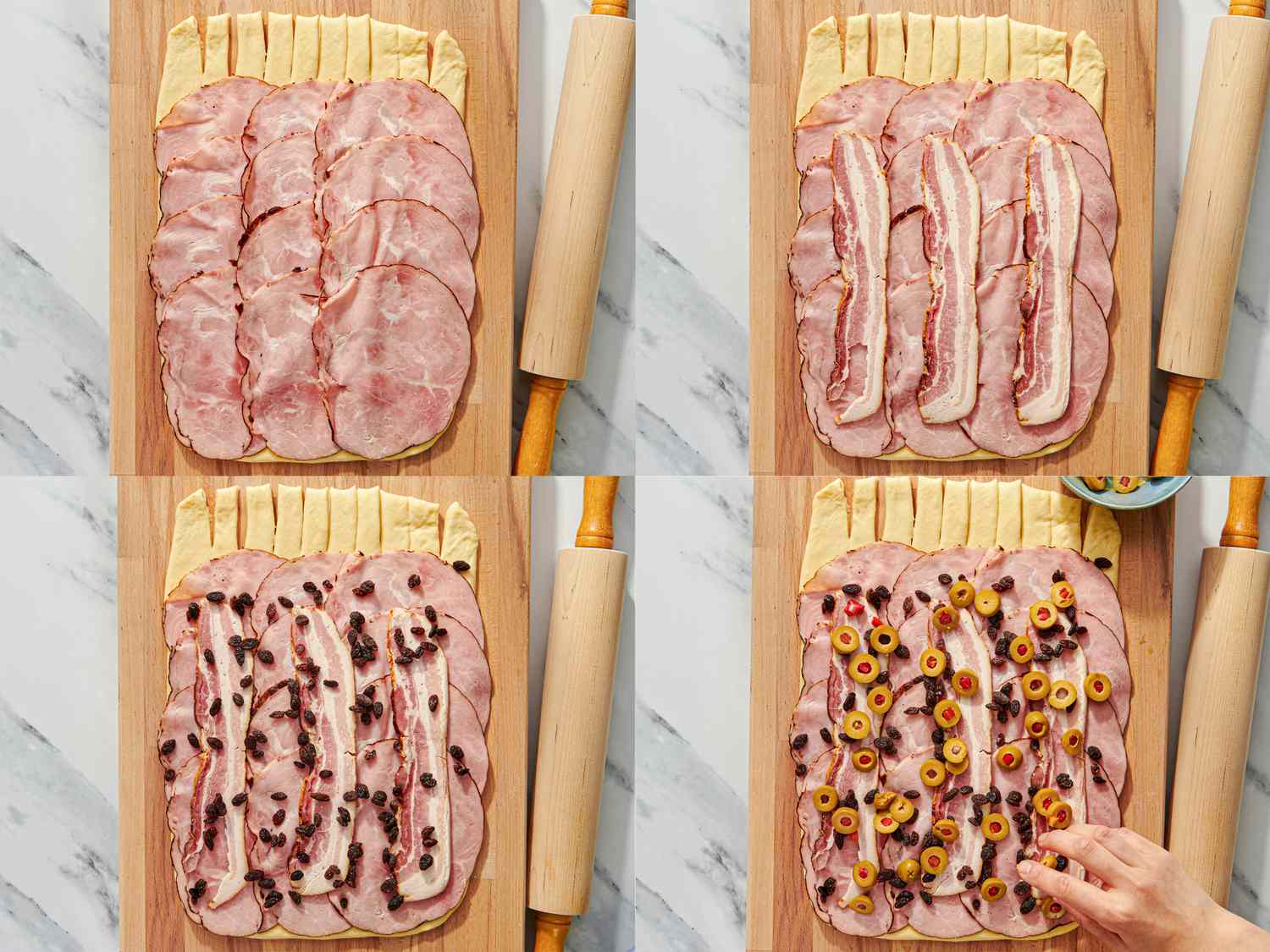 Steps in preparing a pan de jamn showing layers of ham bacon raisins and olives on dough