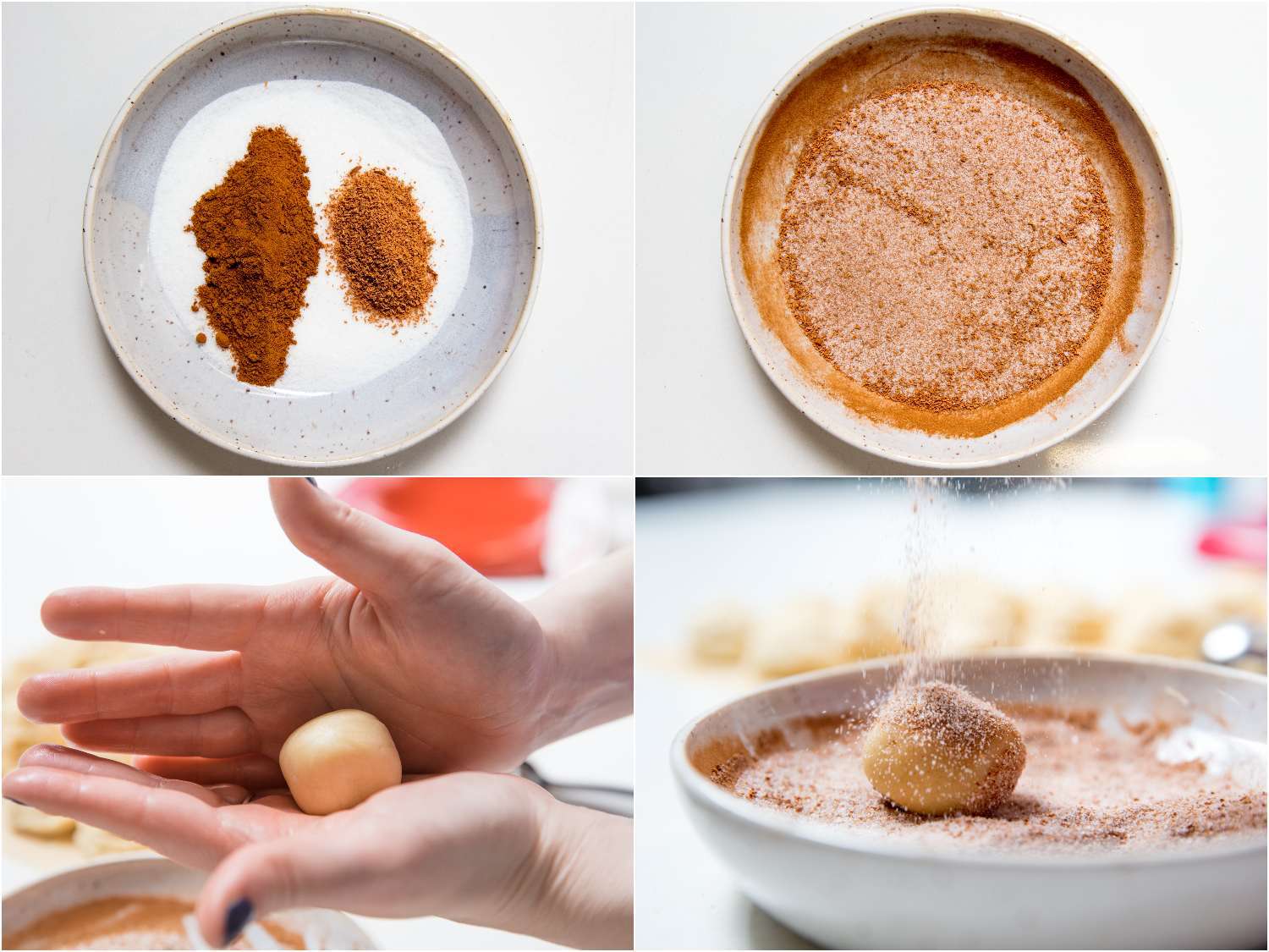 A collage: two types of ground cinnamon and sugar in a bowl, the cinnamon sugar after being mixed to combine, rolling snickerdoodle dough into a ball and tumble the ball in cinnamon sugar. 