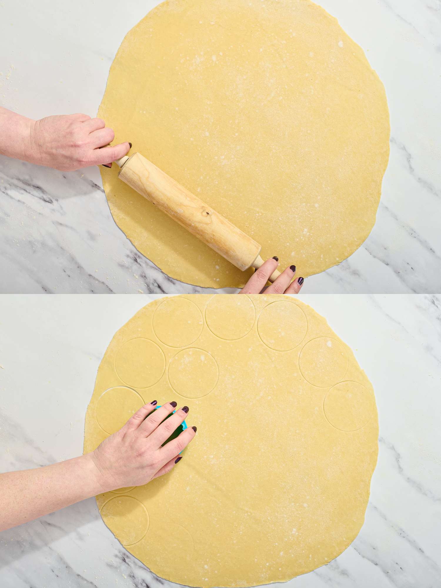 2 image collage. Top: rolling out dough with a rolling pin on a prepared surface. Bottom: cutting out rounds in dough 