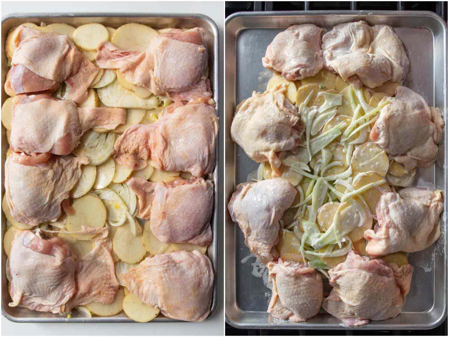 A comparison of two ways of arranging chicken and vegetables on a sheet tray: at left, the vegetables are spread in an even layer and the chicken sits on top around the perimeter; at right, the chicken is again around the perimeter but the vegetables are piled up in the middle.