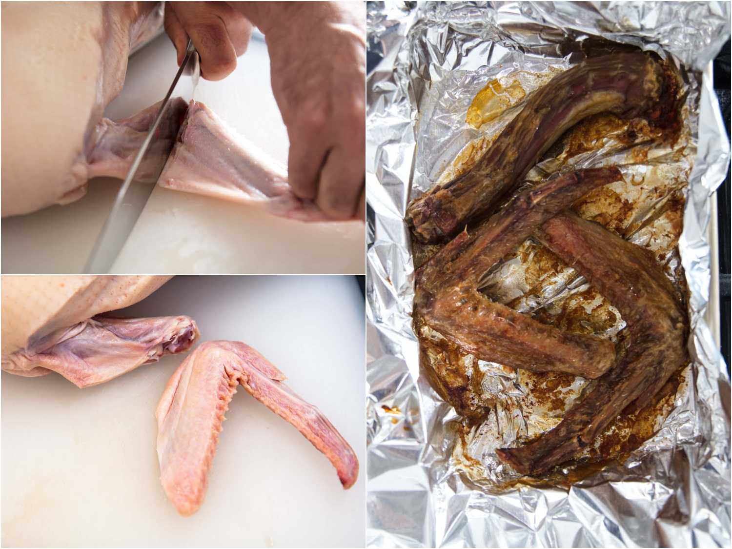 A collage showing cutting off the duck wings and roasting the wings and neck on aluminum foil 