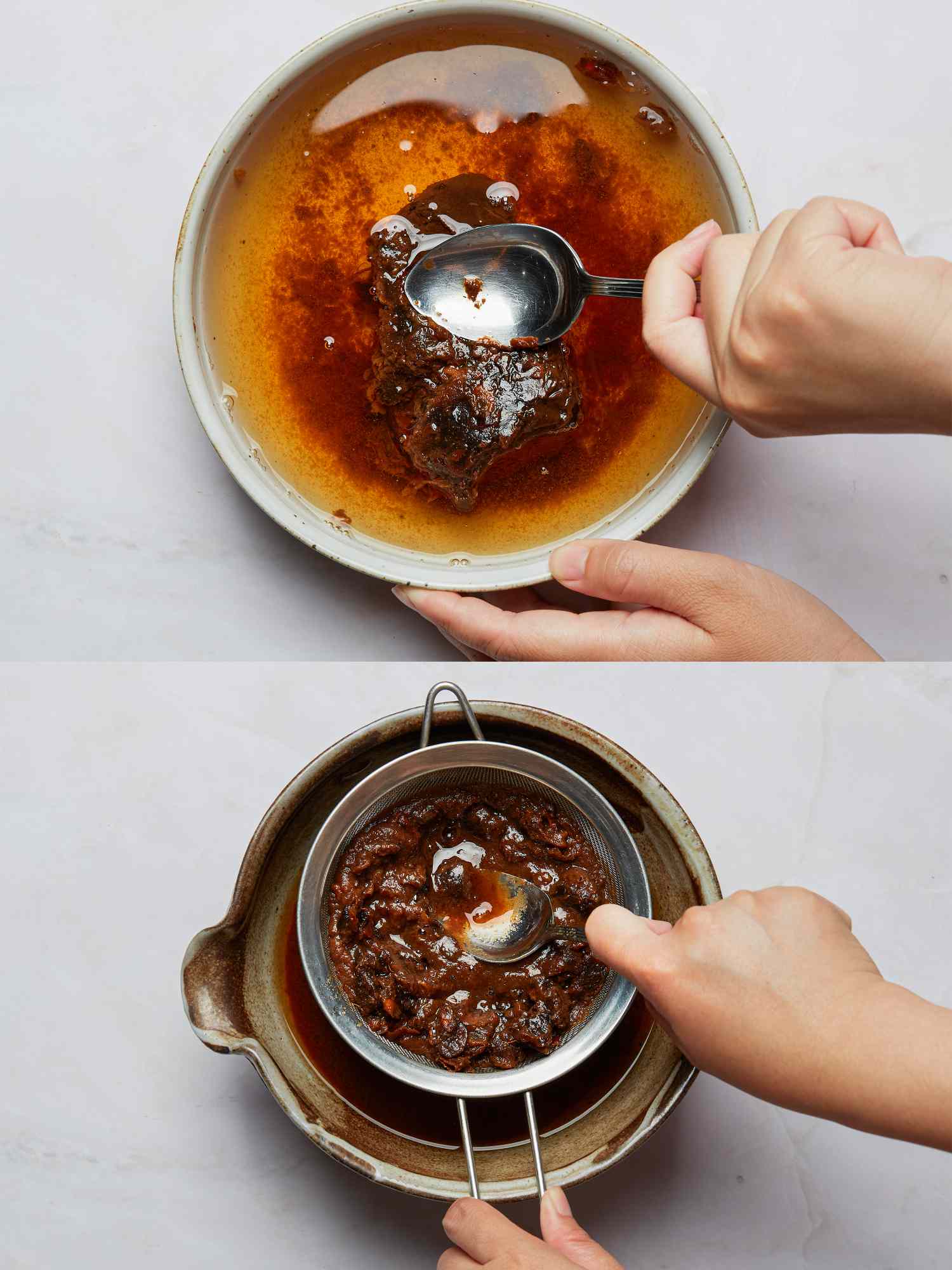 A preparation step for making a tamarind marinade showing straining sediment from liquid