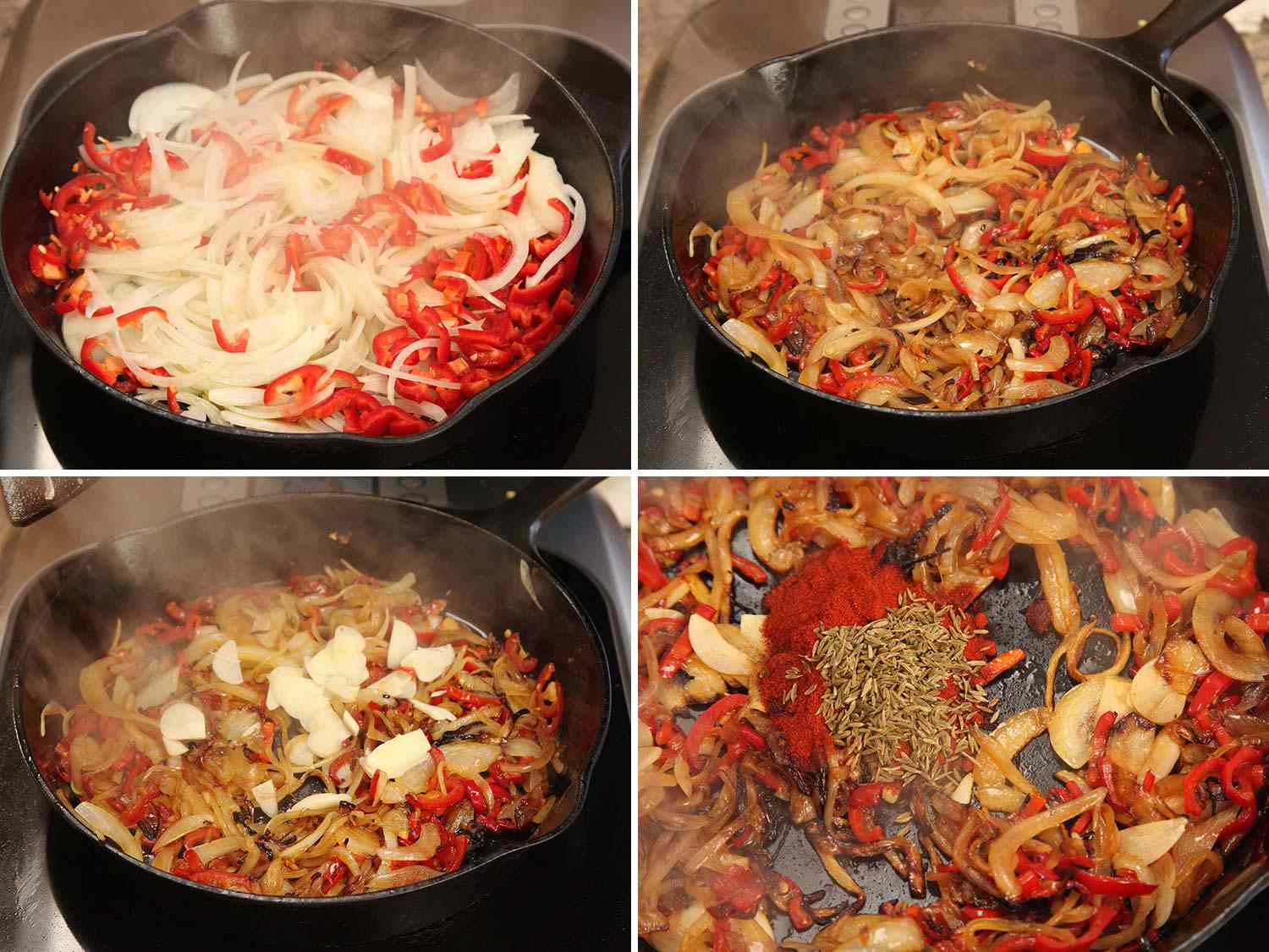 Photo collage showing charring onions and peppers in cast iron skillet, then stirring in garlic and spices, for shakshuka.