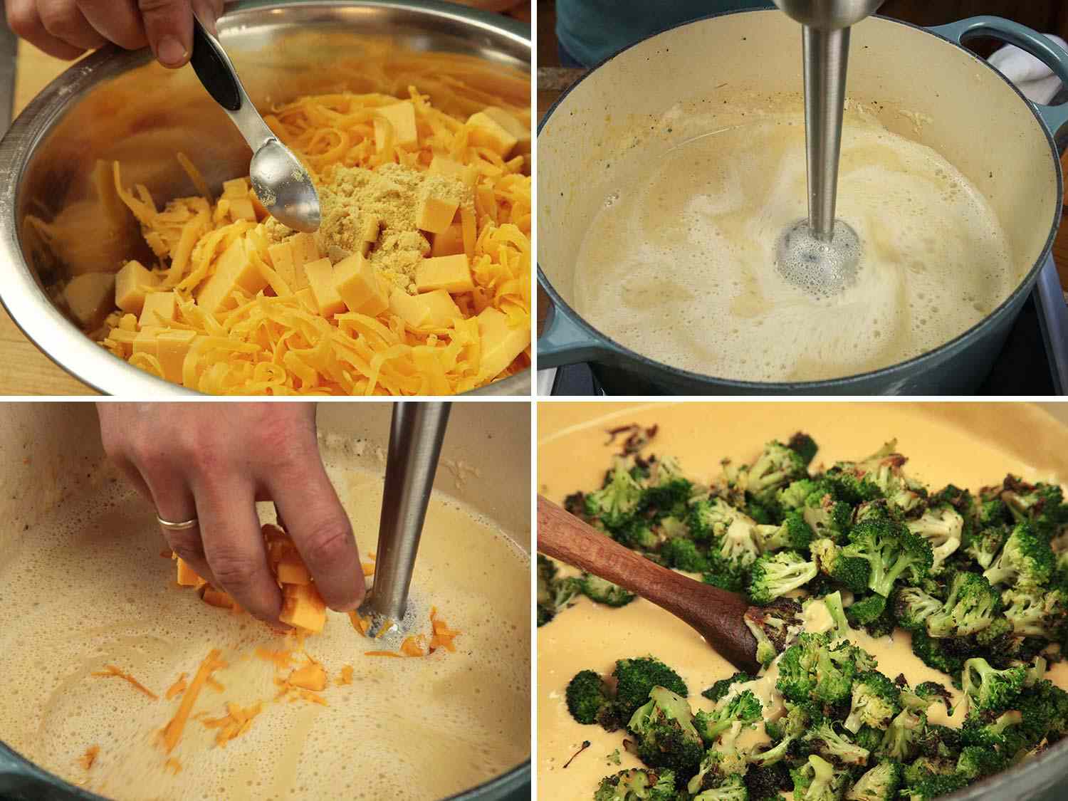 A four photo collage showing adding mustard powder to a bowl of cheese, blending soup with an immersion blender, lending the broccoli cheese soup, adding cheese to soup, and stirring in broccoli florets.