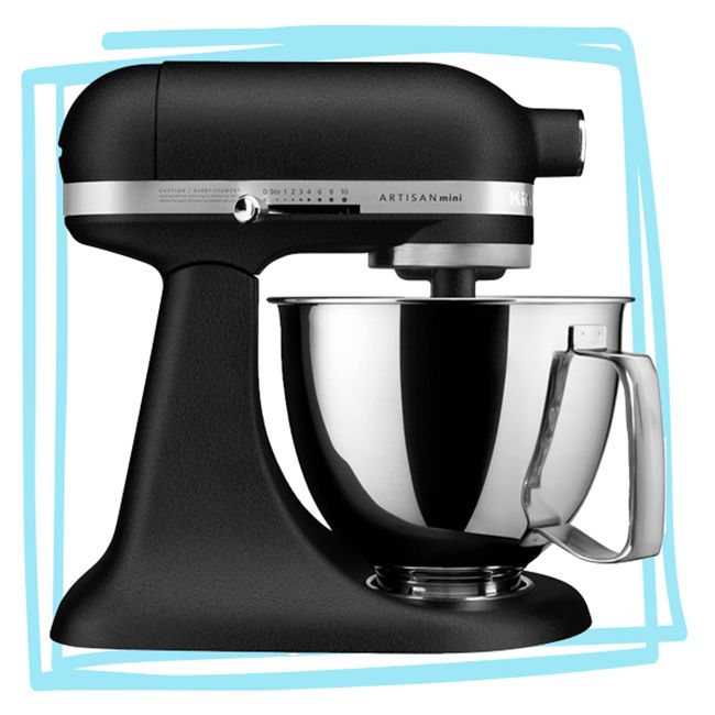 A KitchenAid Artisan Mini Stand Mixer with a metal mixing bowl