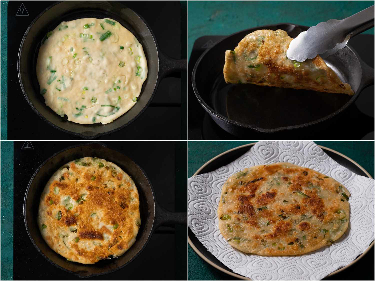 A collage showing the scallion pancake being fried in a cast iron pan and then put onto a paper towel.