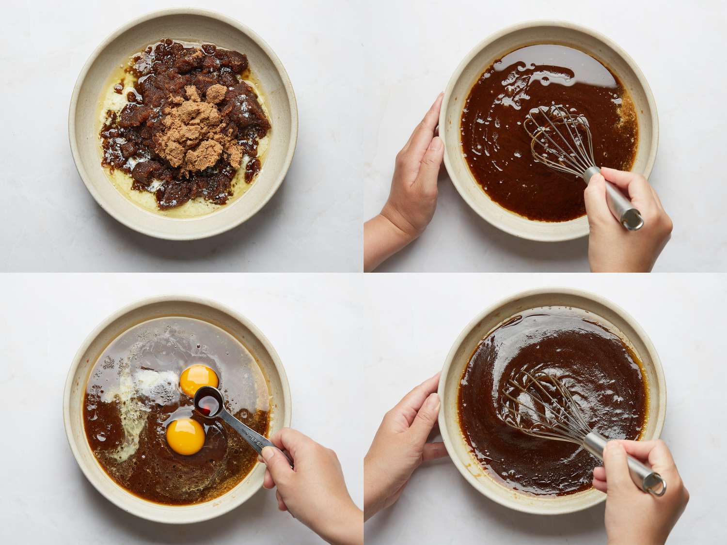 4 image collage: Top Left: Bowl of melted butter and brown sugar. Top Right: Brown sugar and buttar whisked together. Bottom Left: Eggs, vanilla, salt and vinegar added to brown sugar and butter Bottom Right: mixture whisked together completely 