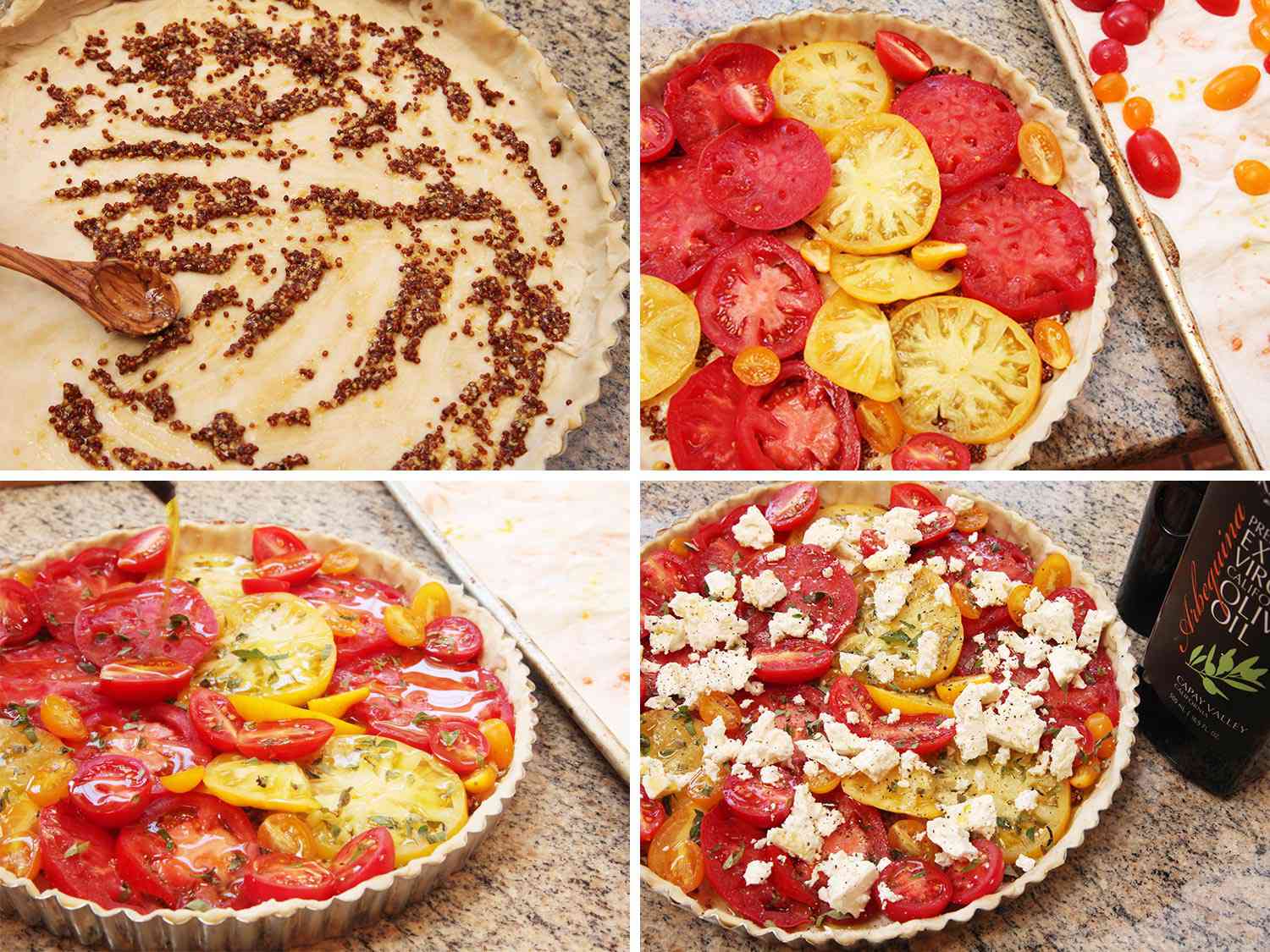 Collage of the tart shell being filled: mustard is spread over dough, tomatoes are scattered over, followed by fresh herbs and crumbled feta.